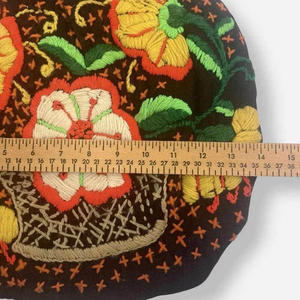 Vintage Tote Bag Boho Floral Brown Fabric Wood Handles‎ Embroidered Flowers
